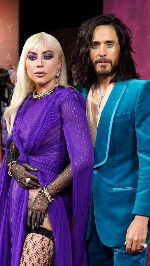 Lady Gaga and Jared Leto on red carpet of premiere House of Gucci.