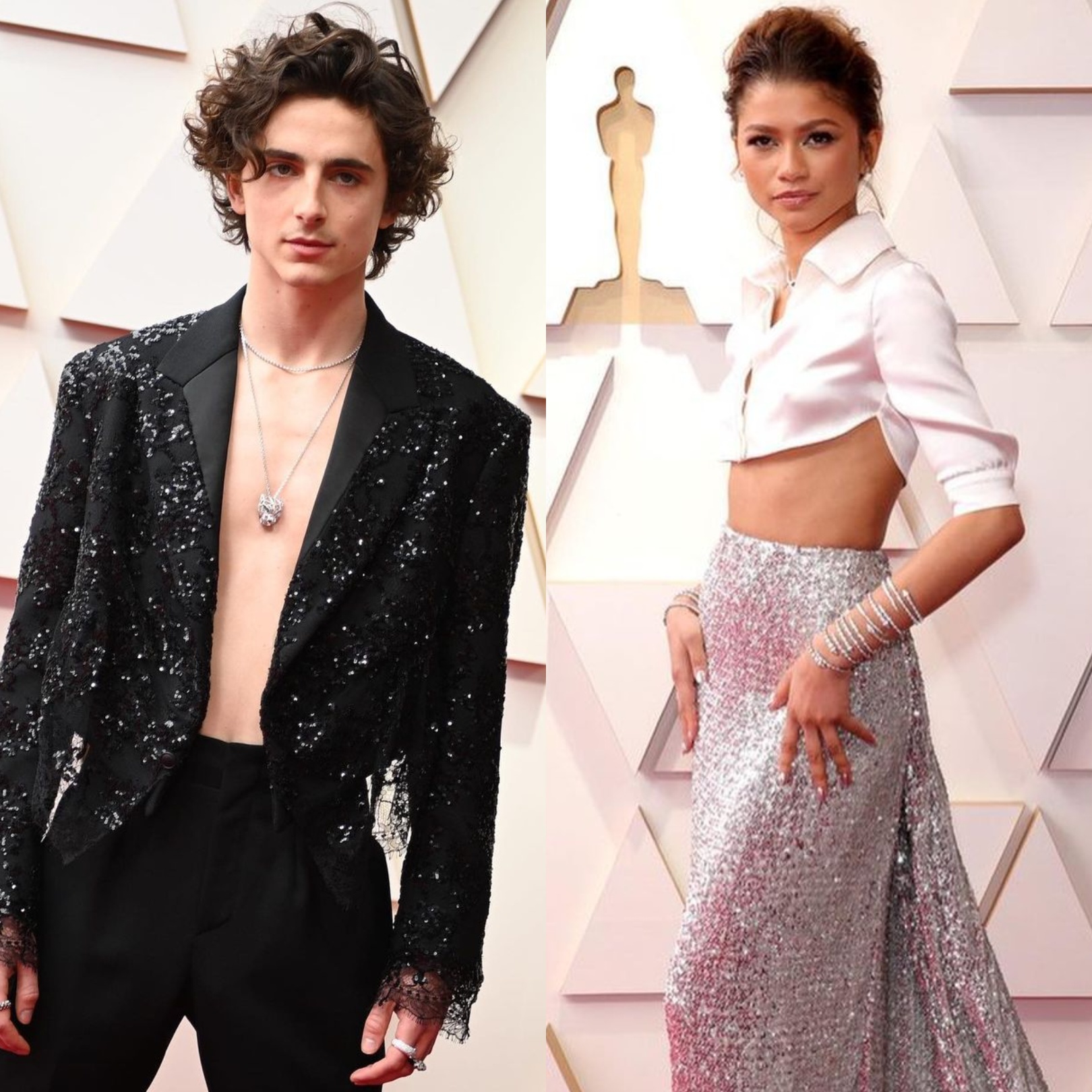 Timothée Chalamet crop top tuxedo and Zendaya Glitter gown on red carpet of Oscars 2022