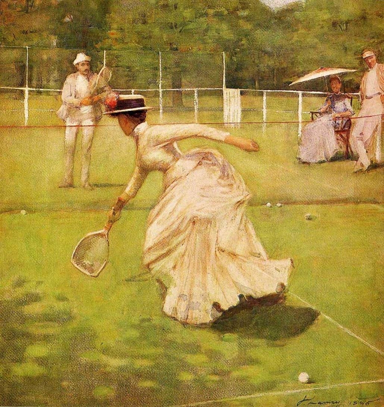 งานศิลปะในปี 1896 แสดงถึงชุดเทนนิสของผู้หญิงในยุคนั้น