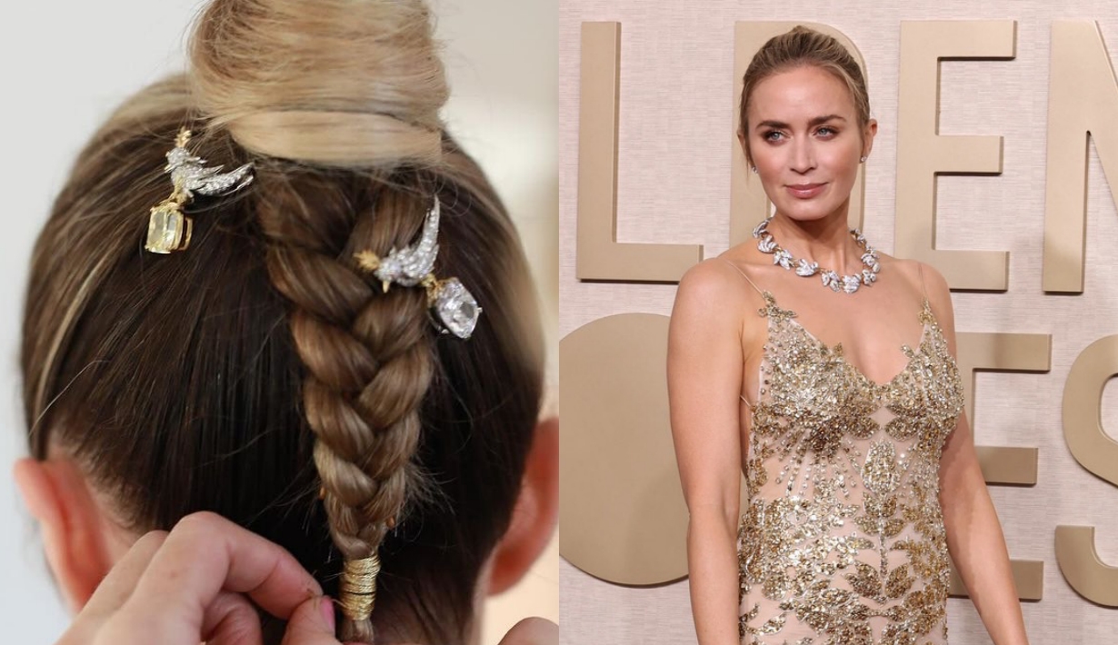 emily-blunt-clip-hair-bird-on-a-rock-high-jewelry-tiffany-and-co-golden-globes-2024-look-fashion
